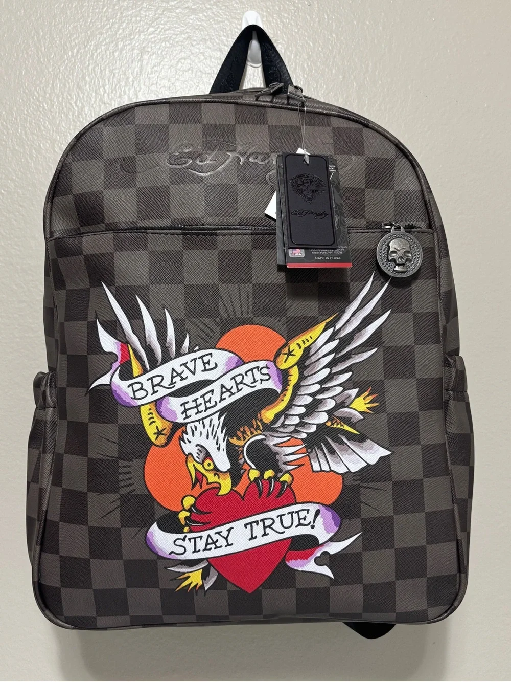 Ed Hardy Brave Hearts Stay True Backpack Skull Charm Brown Checkered NWT